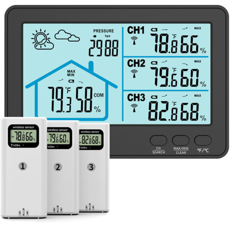 Thermomètre et hygromètre d'intérieur et d'extérieur, affichage sans fil, station météo, peut être branché ou alimenté par batterie (noir)