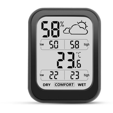 Thermomètre et hygromètre domestiques, noir, 86 × 66 × 20 mm, 1 unité Grand écran haute définition avec affichage météo Thermomètre électronique