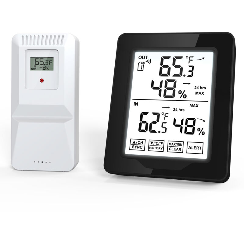 Thermomètre et hygromètre électronique numérique sans fil longue distance avec écran tactile rétroéclairé et alarme de température haute et basse