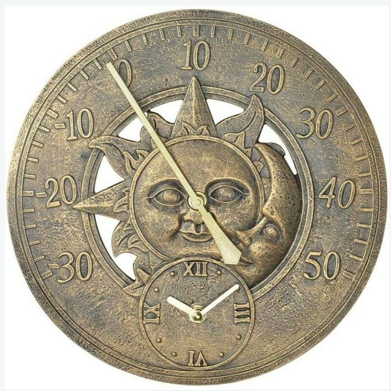 Choyclit - Thermomètre Extérieur Horloge Vintage Mur Horloge De Station De Décoration Rétro Suspendu Horloge Motif Soleil Lune Étanche Extérieur Ou