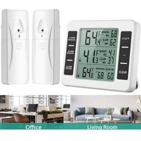 Thermomètre Frigo, Thermometre Réfrigérateur avec Alarme Congélateur, Thermomètre Intérieur Extérieur Sans Fil avec 2 Capteurs, MIN/MAX et Alarme Température, Thermomètre Connecté pour Maison