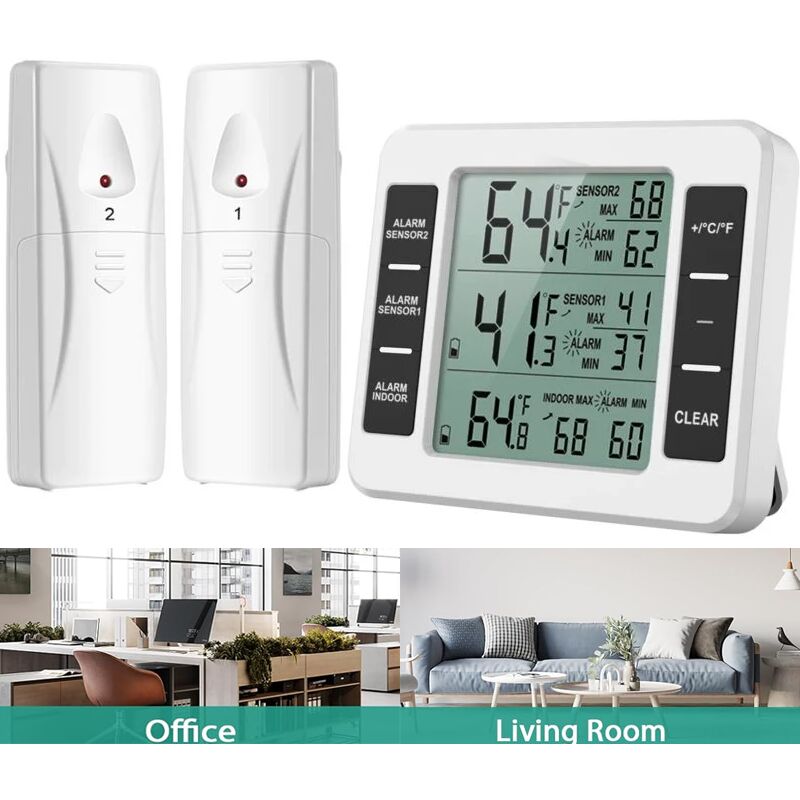 Thermomètre Frigo, Thermometre Réfrigérateur avec Alarme Congélateur, Thermomètre Intérieur Extérieur Sans Fil avec 2 Capteurs, min/max et Alarme