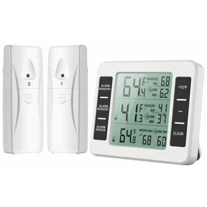 Thermomètre Frigo, Thermometre Réfrigérateur avec Alarme Congélateur, Thermomètre Intérieur Extérieur Sans Fil avec 2 Capteurs, min/max et Alarme