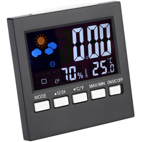 Thermomètre, hygromètre, horloge, alarme, fonction snooze, calendrier et prévisions météo numériques et couleur