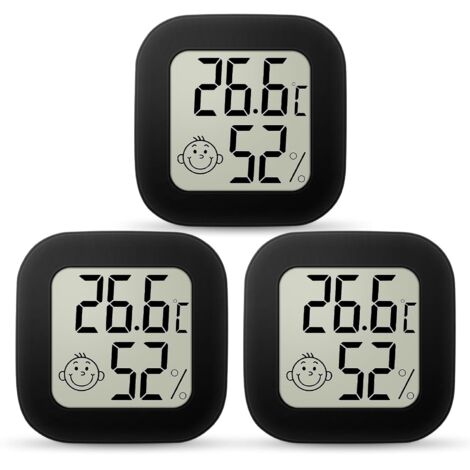 Thermomètre Hygromètre Interieur, 3PCS Mini LCD Termometre Maison, Moniteur de Température et Humidimètre Indicateur du Niveau de Convient pour Les Chambres D'enfants, Maison, Bureau (Noir)