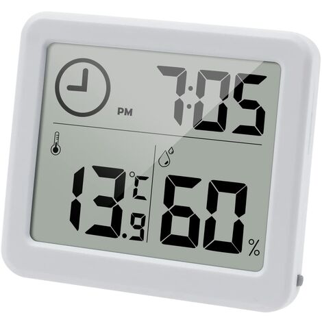 Thermomètre/hygromètre numérique Grand écran LCD 3,2” Intérieur D'ambiance Moniteur de Température et Humidimètre Indicateur D'humidité et de Température avec horloge (blanche)