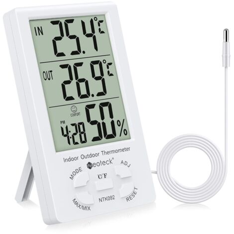 Thermomètre Hygromètre Numérique LCD Intérieur Extérieur Hygro-thermomètre Thermostat Humidité Mesure de Température 1.5m Min/Max Fil de Capteur pour la Hôtel Chambre Hôpital Blanc
