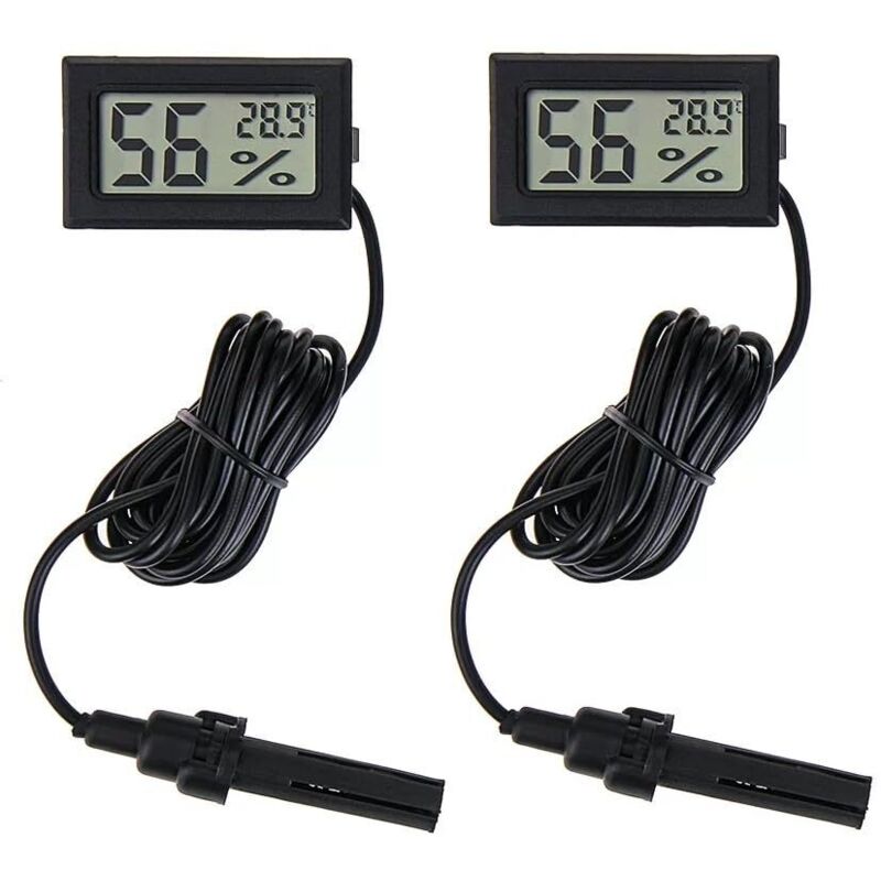 Thermomètre Hygromètre Numérique Mini avec Sonde 1,5m, 2 Pack Capteur Précision pour Intérieur, Extérieur, Serre, Incubateur, Aquarium, Terrarium,
