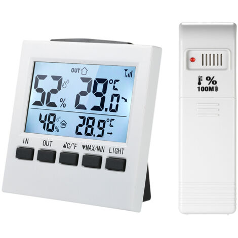 Thermomètre-hygromètre numérique sans fil LCD pour intérieur/extérieur, affichage des valeurs maximales et minimales, avec transmetteur.