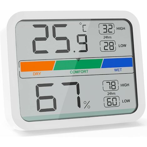 Thermomètre hygromètre numérique thermo-hygromètre d'intérieur avec aimant, enregistrements MIN / MAX pour le contrôle de la température ambiante, avec batterie, blanc
