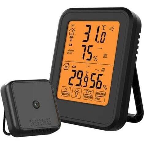 Thermomètre Hygromètre Numérique,Chambre - Noir,Thermomètre Hygrometre Intérieur et Extérieur, avec Capteur Extérieure sans Fil, Rétroéclairage LCD℃/℉