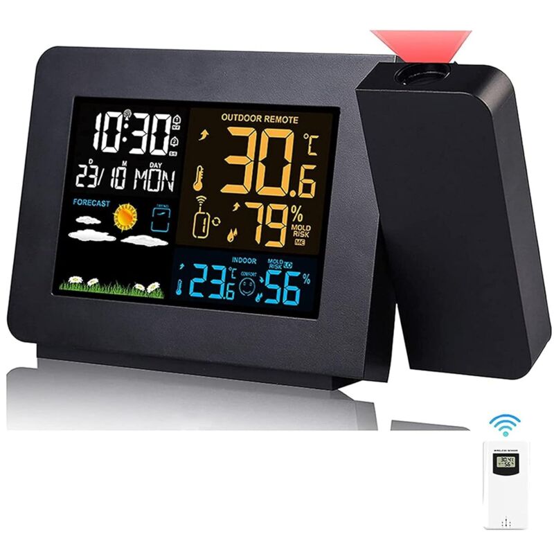 Thermomètre Hygromètre sans Fil avec capteur, Horloge météo à Projection, thermomètre intérieur/extérieur avec Contrôle de Radio RCC, Réveil Doubles