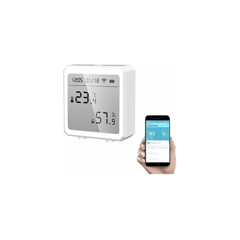 Thermomètre hygromètre Smart WiFi + capteur température et d'humidité Bluetooth avec rétroéclairage pour intérieur/extérieur, contrôle app Tuya(blanc)