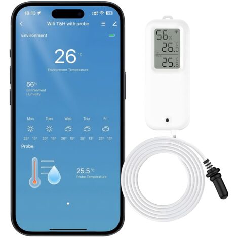 Thermomètre hygromètre WiFi - Capteur de température et d'humidité par application - Portée de 100 m - Compatible avec Alexa (WLAN-Version)