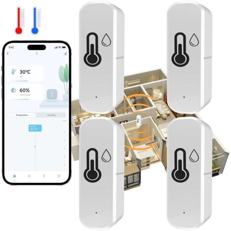 Thermomètre Hygromètre Wifi pour surveillance de la température et de l'humidité intérieure et extérieure, fonctionne avec l'application Smart Life/Tuya, compatible avec Google Home, Alexa, 4 pièces