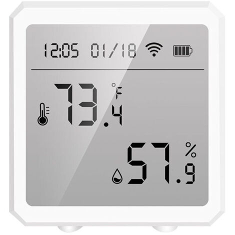 Thermomètre Hygromètre,Capteurs d'humidité de température Tuya WiFi,Écran d'affichage LCD,la batterie,℉/℃ Changement d'affichage de l'heure/Date/température/humidité(Blanc)