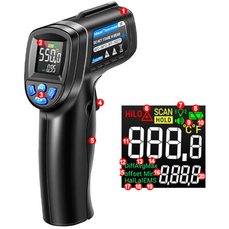 Thermomètre Infrarouge, -50°C～550°C Sans Contact Thermomètre Laser Avec Écran Couleur LCD pour Cuisine/Réparation/Pizza/Industrie (PAS pour l'homme)