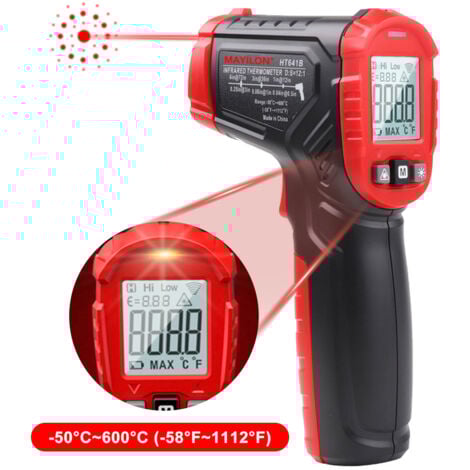 Thermometre Infrarouge Ultrixe, -58 °F A 1112 °F (-50 °C A 600 °C) Pistolet De Temperature Laser Numerique Sans Contact, Avec écran LCD Rétroéclairé, Pile non incluse