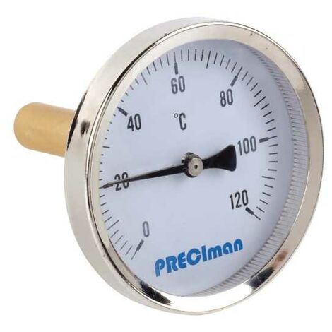 Thermomètre inox axial D.65mm – Plage de température 0 à 120°C – Longueur sonde 10cm – Précision 2% – Protection IP31 – Preciman