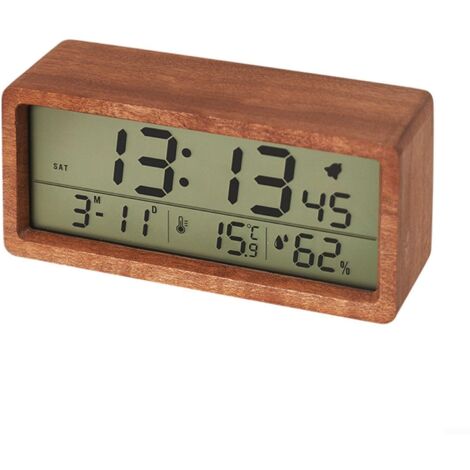 Thermomètre intelligent pour la maison, design créatif, réveil en bois alimenté par piles avec fonction veilleuse, hygromètre (marron)