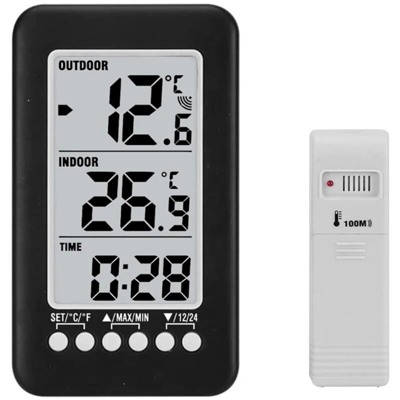Thermomètre intérieur et extérieur sans fil 2 en 1, horloge thermomètre LCD, mesure de température avec transmetteur. Design noir.