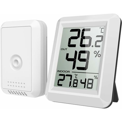 Thermomètre Intérieur et Extérieur, Thermomètre Connecté avec Capteur Extérieure sans Fil, Thermomètre Hygrometre Numérique avec Grand Ecran LCD, Commutateur ℃/℉, pour Bureau, Maison, Chambre（Blanc）