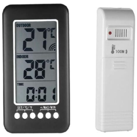 Thermomètre Intérieur/Extérieur Sans Fil 2 en 1 avec Horloge LCD – Plage -30°C à 70°C, Transmission 100 m