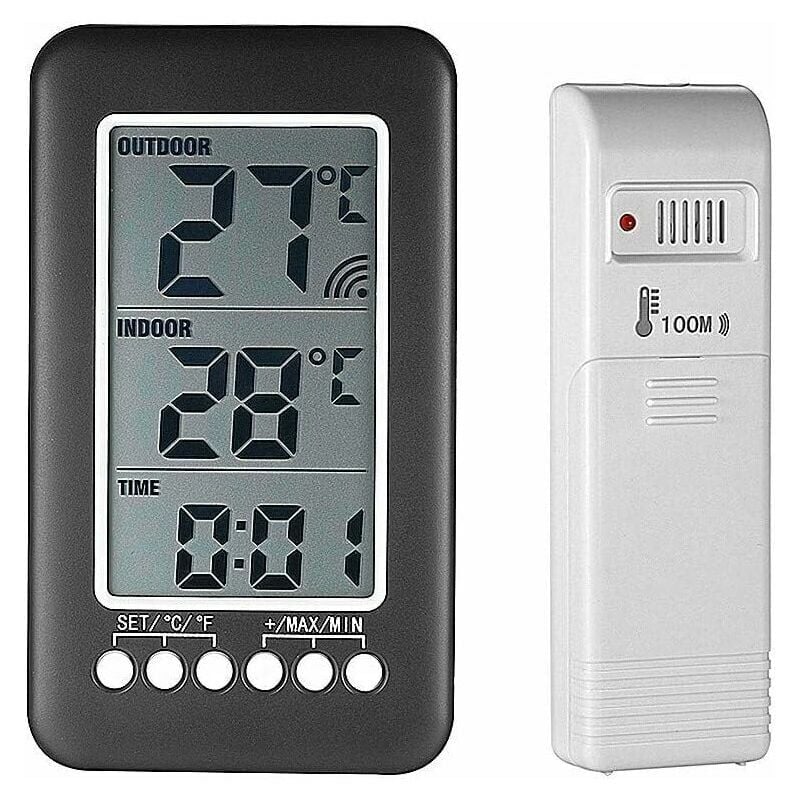 Alwaysh - Thermomètre interieur exterieur sans fil avec horloge Numérique station meteo sans fil avec capteur extérieur, black friday 2020 Moniteur