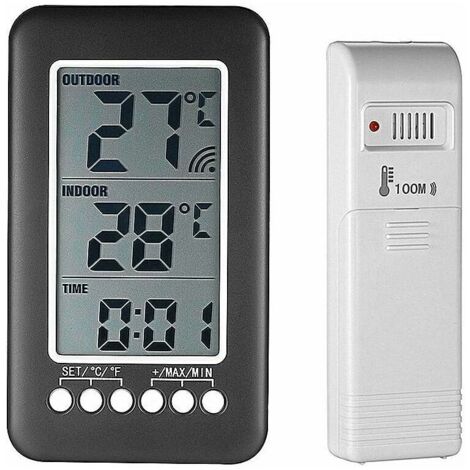 ALWAYSH Thermomètre interieur exterieur sans fil avec horloge Numérique station meteo sans fil avec capteur extérieur, black friday 2020 Moniteur de Température Affichage LCD intelligent ° C / ° F