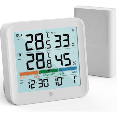 Thermomètre Intérieur Extérieur Sans Fil Hygromètre Numérique LCD Min/Max ℃/℉ Rétroéclairage Indicateur Confort Air