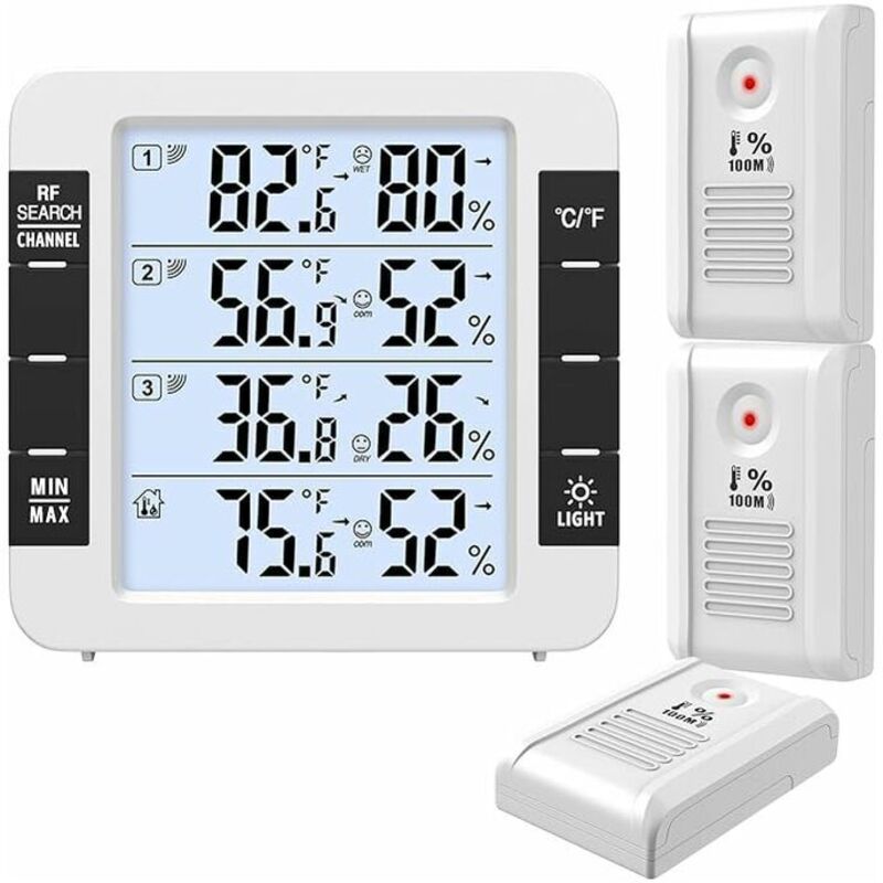 Thermomètre Intérieur Extérieur, Thermomètre Connecté avec 3 Capteurs Sans Fil, Surveiller Humidité et Température (℃/℉), Enregistrer MAX & MIN,