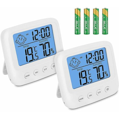 Thermometre Interieur Hygrometre, Thermomètre Chambre Bébé Lot de 2, Humidimetre Avec Rétroéclairage, Instruments Météorologiques, Capteur Humidité Fonction ℃ / ℉ / Horloge / Date