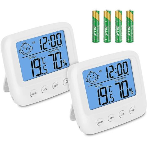 Thermometre Interieur Hygrometre, Thermomètre Chambre Bébé Lot de 2, Humidimetre Avec Rétroéclairage, Instruments Météorologiques, Capteur Humidité Fonction ℃ / ℉ / Horloge / Date