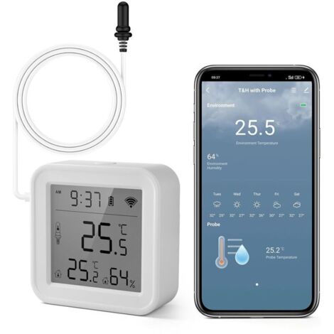 Thermometre Interieur, Smart Thermometre Frigo, App Monitor, Exportation Gratuite de Données ℉ / ℃, Hygrometre Wifi Pour Chambre de Bébé, Serre, Aquarium, Congelateur, Blanc 1 Pièce