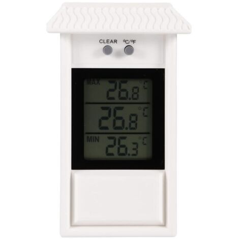 Thermomètre mural extérieur IPX2 – Alimentation 2 piles AAA – Plage de mesure -20 à +50°C – Écran LCD lisible pour jardin et balcon