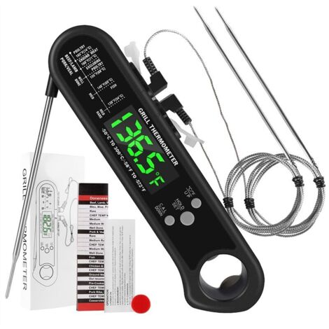 Thermomètre numérique 3 en 1 pour viande, thermomètre alimentaire à lecture instantanée avec 2 sondes filaires détachables, fonction d'étalonnage et d'alarme-AquaForge