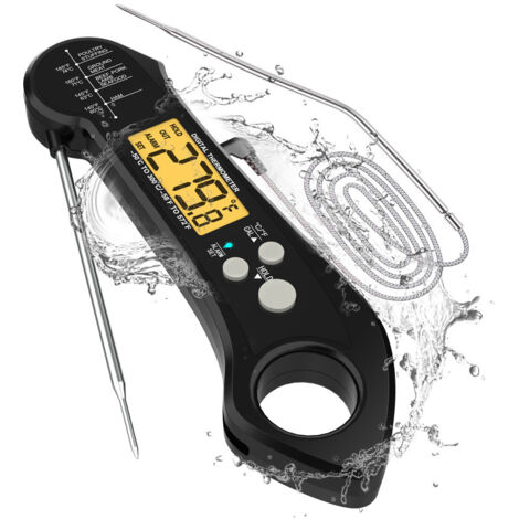Thermomètre numérique à viande, étanche, à lecture instantanée, avec rétroéclairage et étalonnage, noir. Ustensiles de cuisine et accessoires.-AquaForge