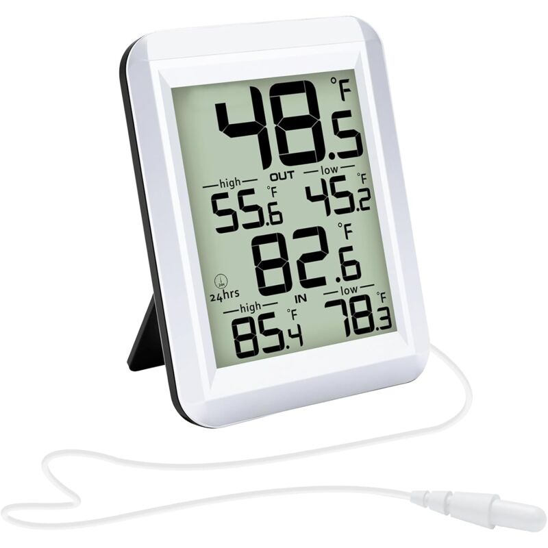 Thermomètre numérique filaire pour intérieur et extérieur, avec sonde de 2 m, enregistrement des valeurs minimales et maximales, pour la maison, le