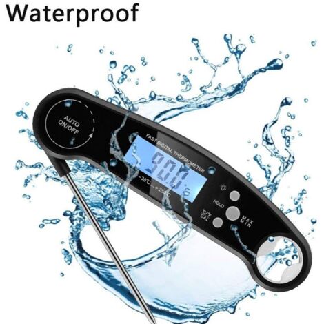 Thermomètre numérique pour viande, thermomètre alimentaire à lecture rapide avec écran LCD rétroéclairé, sonde longue pliable et marche/arrêt automatique (noir)-AquaForge