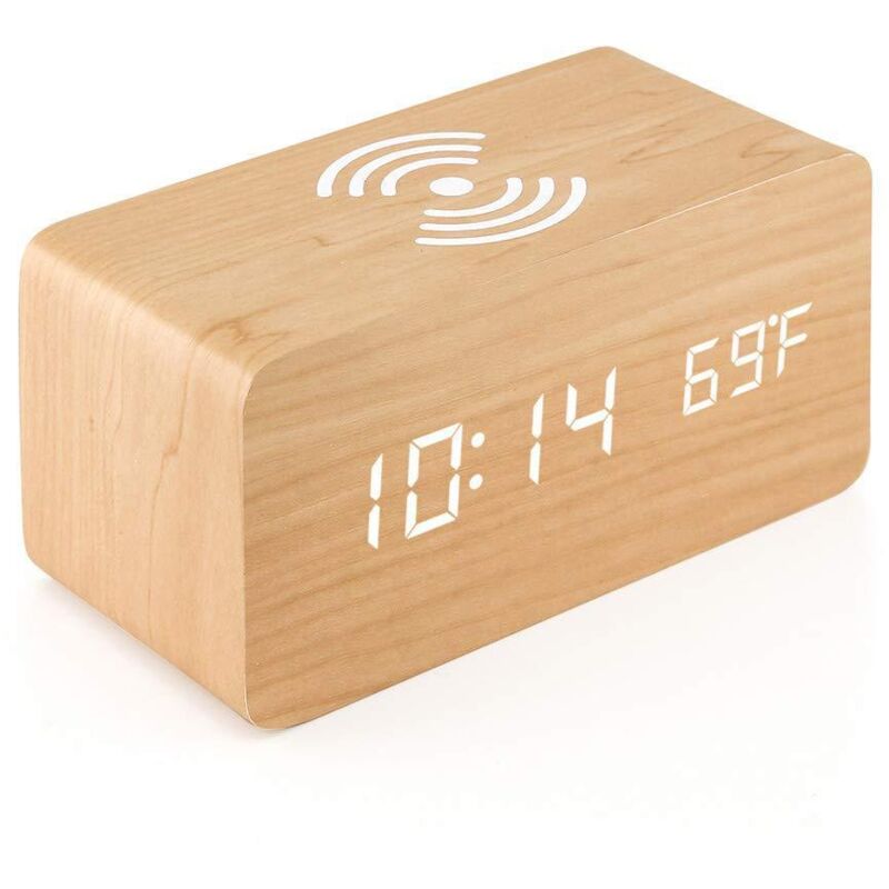 Thermomètre numérique, réveil numérique, réveil en bois avec LED et chargeur sans fil, réveil en bois avec chargeur à induction