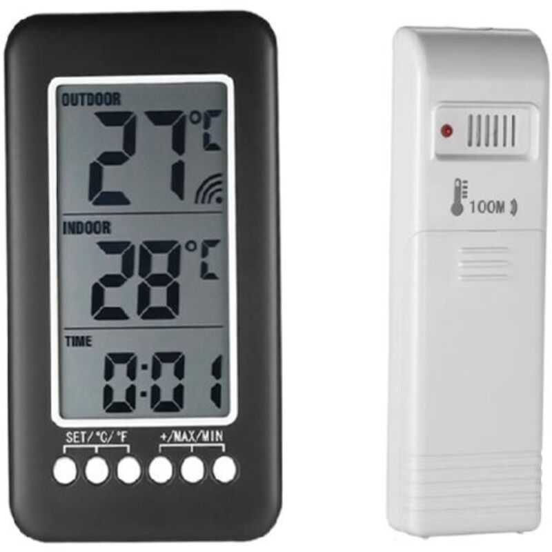 Thermomètre sans fil intérieur/extérieur, horloge 2 en 1, thermomètre LCD °C/°F, thermomètre numérique intérieur/extérieur, horloge, mesure de