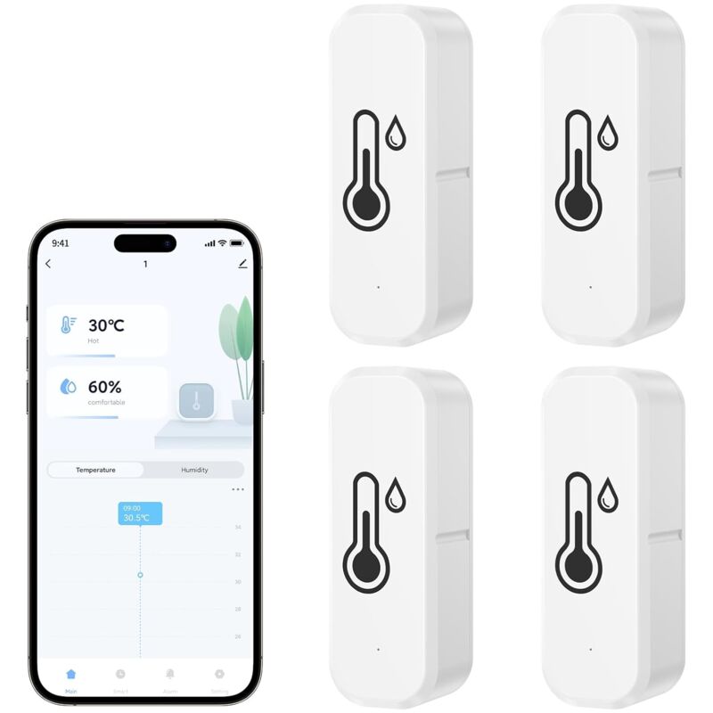 Thermomètre Wifi Intérieur Hygromètre Connecté Alarme Intelligente, Commande Vocale, Utilisé avec l'application Smart Life/Tuya, Compatible avec