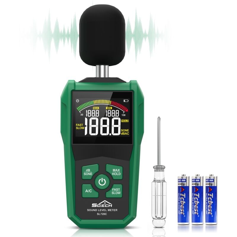 Sonomètre, Decibelmetre Numérique avec Écran Couleur Rétroéclairé, Sonometre avec Pondération a/c, Unités dB/SONE, Réponse rapide/lente, Max/Min,