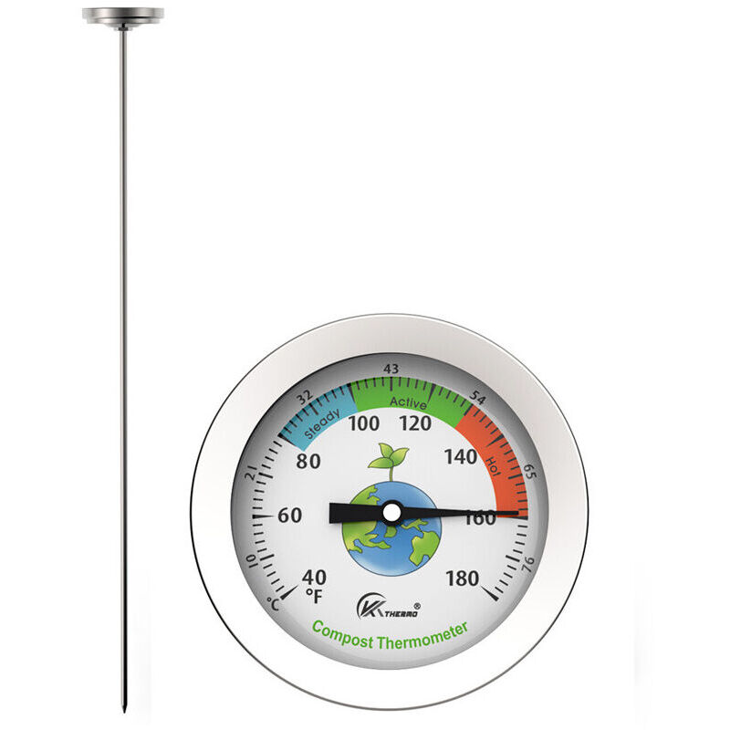 Thermomètre à compost - Thermomètre à cadran en acier inoxydable pour compostage domestique et jardin - Cadran c & f de 54 mm de diamètre,