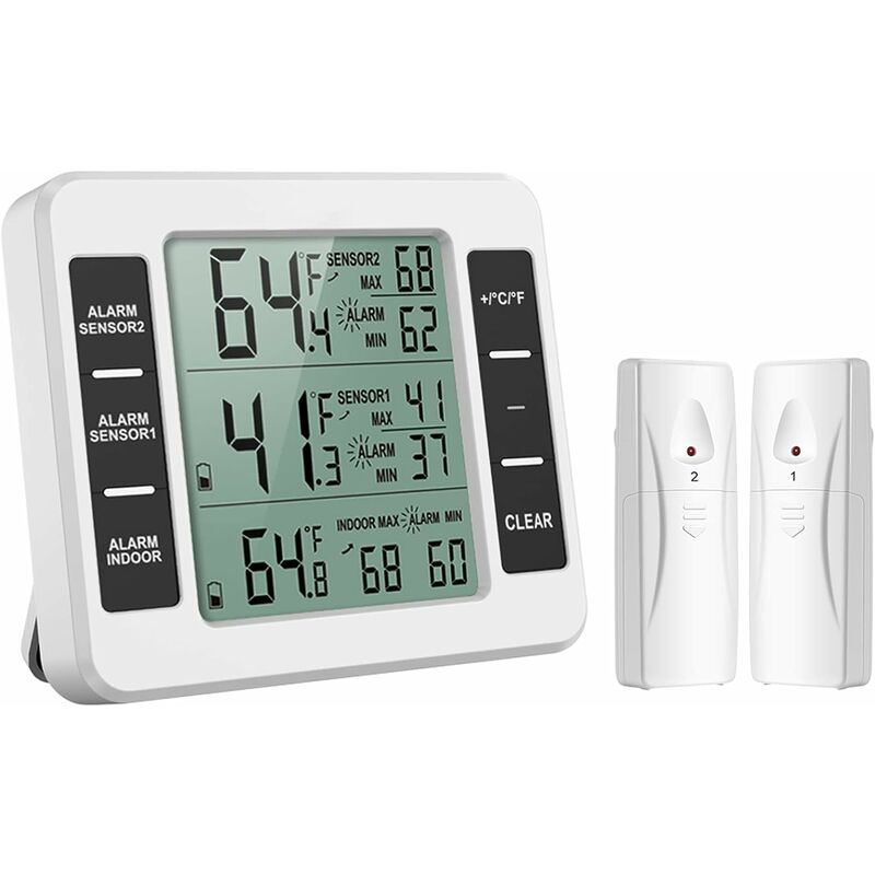 Thermomètre de Frigo Congelateur, Thermomètre de Réfrigérateur sans Fil avec 2 Capteurs, Alarme Sonore, Min/Max, Thermomètre in/Extérieur pour Maison