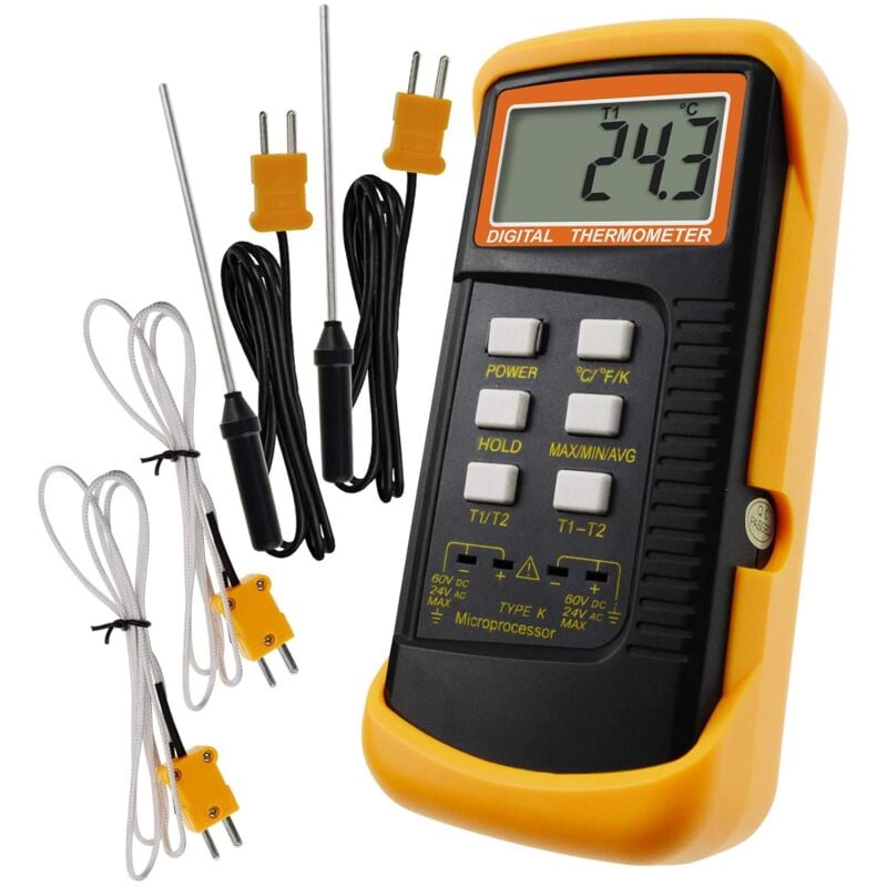 Thermomètre De Type k Avec Capteur De Thermocouple 1300 ° c (° c, ° f Et k Avec 4 Thermocouples (câblé Et Acier Inoxydable)