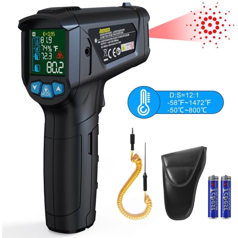 Curconsa - Thermomètre Infrarouge, mestek Pistolet de Température Infrarouge Numérique sans Contact Laser, -50℃ 800℃ avec Émissivité Réglable, Pour