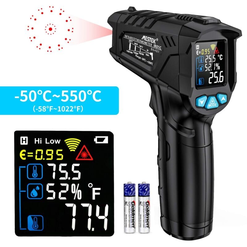 Thermomètre infrarouge Laser mestek Pistolet ir Temperature Professionnel Sans Contact -50°C550°C Ecran lcd Réglable Alarme d'émissivité Affichage
