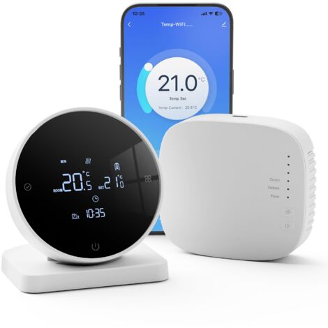 Thermostat Connecté a Pile Thermostat Chaudiere Gaz, Sans Fil Avec un Récepteur, Pour Chauffage à l'eau Au Sol, Wifi Intelligent Programmable,Compatible Avec Tuya/Alexa/Google Assistant Blanc