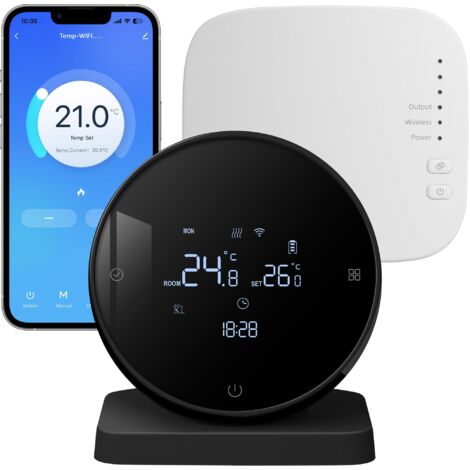 Thermostat Connecté a Pile Thermostat Chaudiere Gaz, sans Fil avec Un Récepteur, pour Chauffage à l'eau Au Sol, WiFi Intelligent Programmable,Compatible avec Tuya/Alexa/Google Assistant Noir